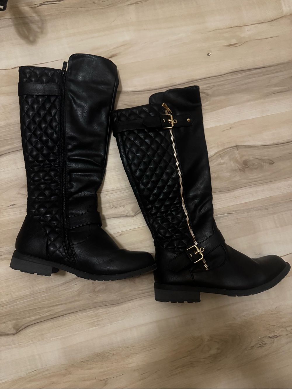 Black Quilted Tall Riding Boots with Gold Hardware